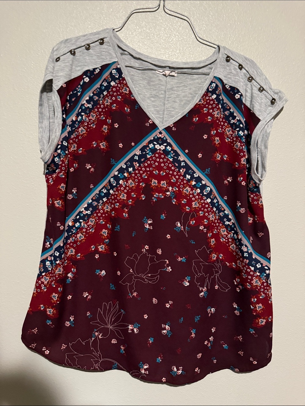 Maurices Burgundy Floral V-Neck Top with Gray Accents